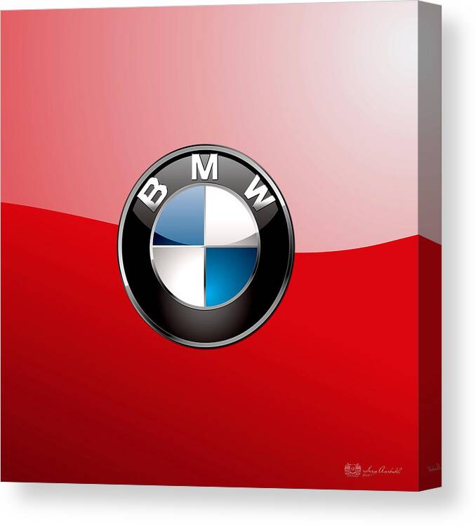 'auto Badges 3d' By Serge Averbukh Canvas Print featuring the photograph B M W Badge On Red by Serge Averbukh