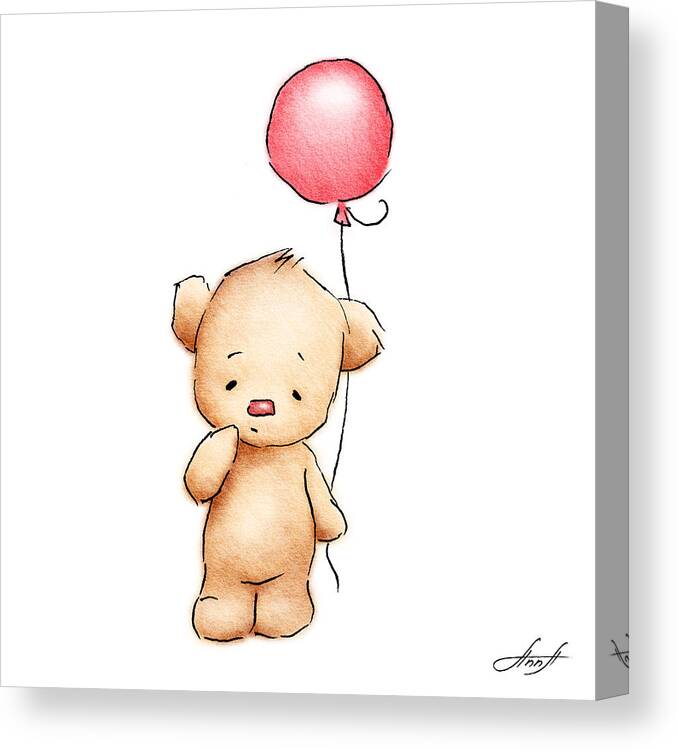 Adorable; Alone; Animal; Art; Artistic; Balloon; Bear; Birthday; Brown; Card; Cartoon; Childish; Color; Colorful; Cute; Digital; Doll; Drawed; Drawing; Drawn; Friendship; Fun; Gift; Graphic; Greeting; Hand; Hand-drawn; Happy; Holiday; Humor; Icon; Illustration; Ink; Little; Love; Lovely; Motif; Nice; One; Painted; Pencils; Pets; Postcard; Pretty; Red; Sketch; Small; Teddy; Toy; White; Teddy; Nursery; Baby; Girl; Boy; Kid; Decor Canvas Print featuring the drawing Teddy Bear With Red Balloon by Anna Abramskaya