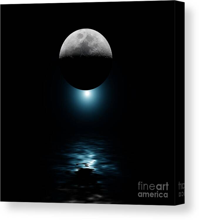 Astronomical Canvas Print featuring the photograph Backlit moon and blue star over water by Simon Bratt