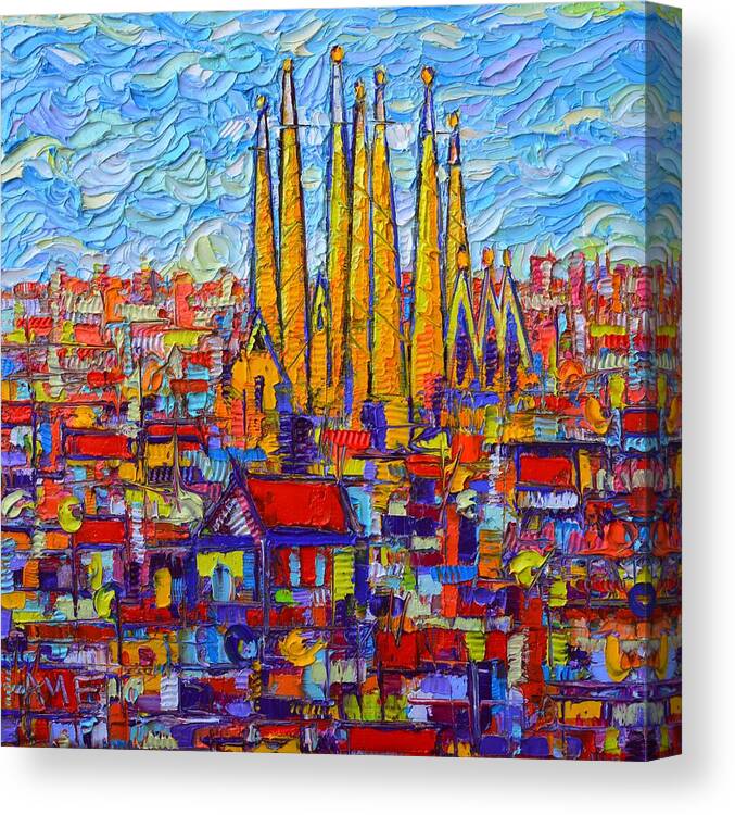 Barcelona Canvas Print featuring the painting Barcelona Abstract Cityscape Sagrada Familia Modern Palette Knife Oil Painting By Ana Maria Edulescu by Ana Maria Edulescu