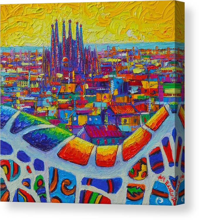 Barcelona Canvas Print featuring the painting BARCELONA VIEW SAGRADA FROM PARK GUELL impressionist abstract city knife painting Ana Maria Edulescu by Ana Maria Edulescu