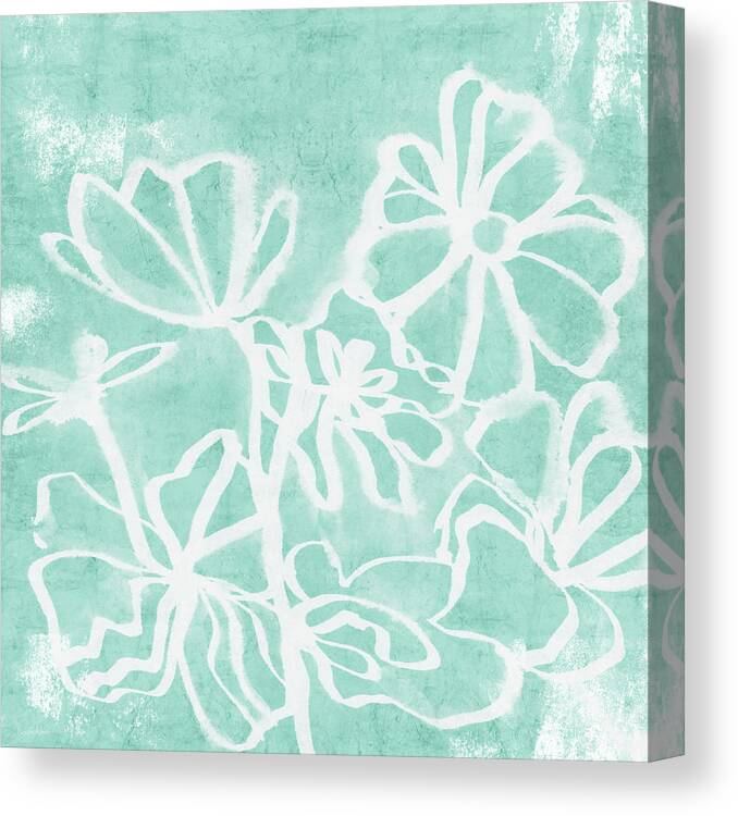 Aqua Canvas Print featuring the mixed media Beachglass and White Flowers 2- Art by Linda Woods by Linda Woods