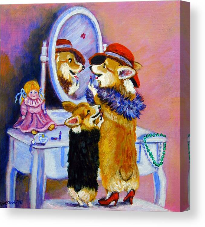 Pembroke Welsh Corgi Canvas Print featuring the painting Big Sis Little Sis by Lyn Cook