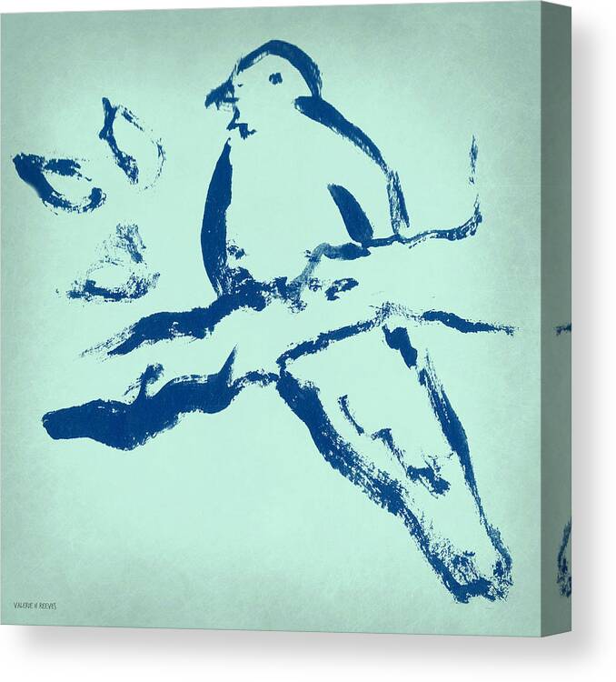 Bird Canvas Print featuring the drawing Bird on Branch in Blue by Valerie Reeves