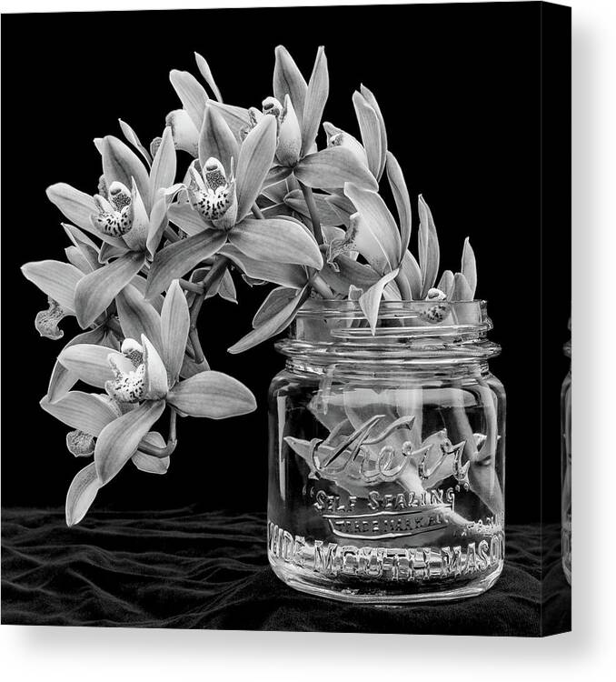 Orchid Canvas Print featuring the photograph Black and White Orchid Antique Mason Jar by Kathy Anselmo