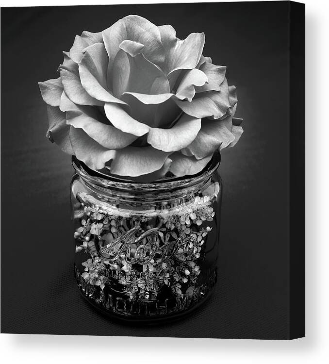 Rose Canvas Print featuring the photograph Black and White Rose Antique Mason Jar 2 by Kathy Anselmo