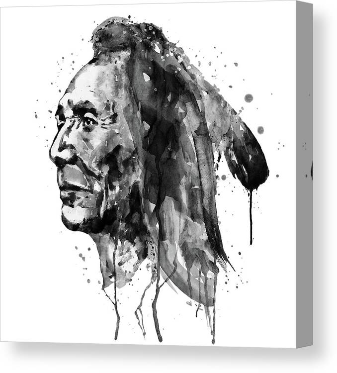 Sioux Canvas Print featuring the painting Black and White Sioux Warrior Watercolor by Marian Voicu