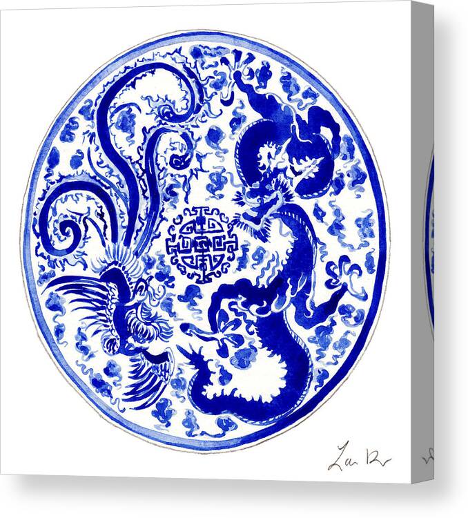 Blue And White China Canvas Print featuring the painting Blue and White Chinese Chinoiserie Plate 3 by Laura Row
