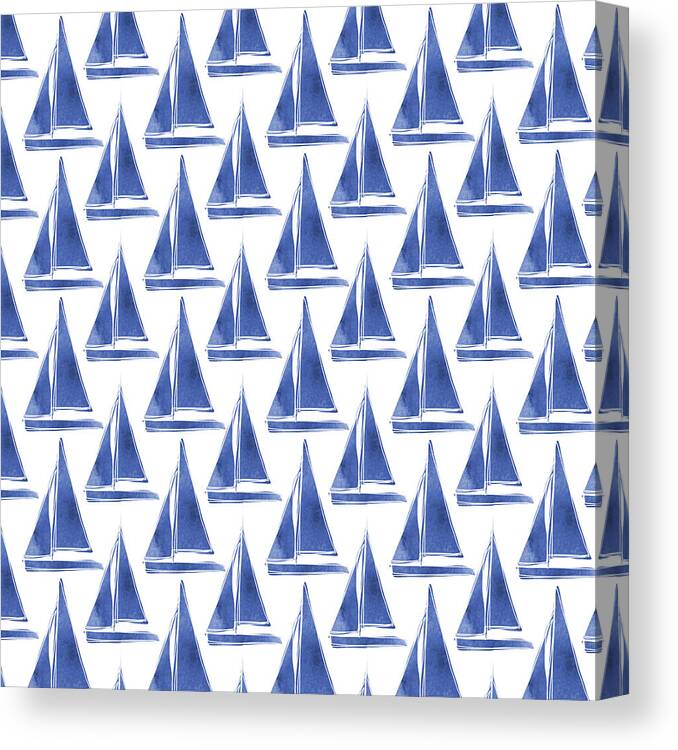 Boats Canvas Print featuring the digital art Blue and White Sailboats Pattern- Art by Linda Woods by Linda Woods