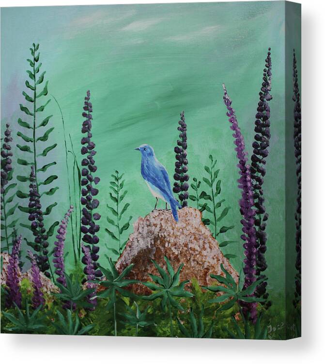 Acrylic Canvas Print featuring the painting Blue chickadee standing on a rock 2 by Martin Valeriano