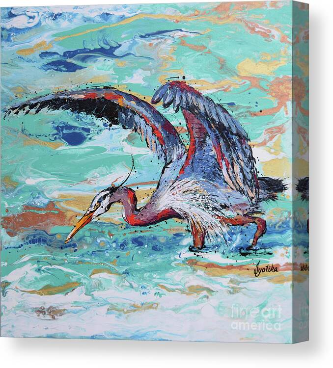 Great Blue Heron Canvas Print featuring the painting Blue Heron Hunting by Jyotika Shroff