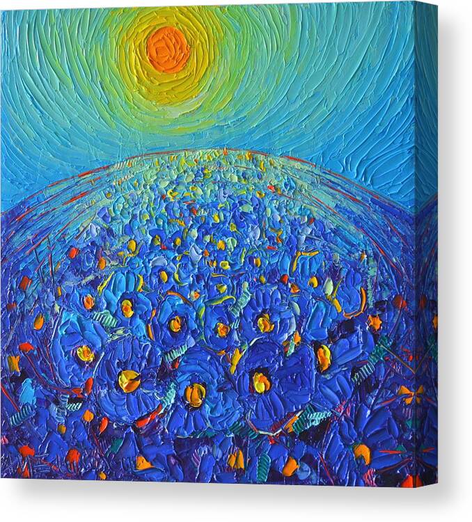 Poppies Canvas Print featuring the painting Blue Poppies Abstract Landscape Modern Impressionist Palette Knife Oil Painting Ana Maria Edulescu  by Ana Maria Edulescu
