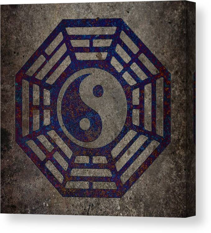 Yin Canvas Print featuring the digital art Blue Yin Yang Sign in Octagon with Metal Background by Fred Bertheas