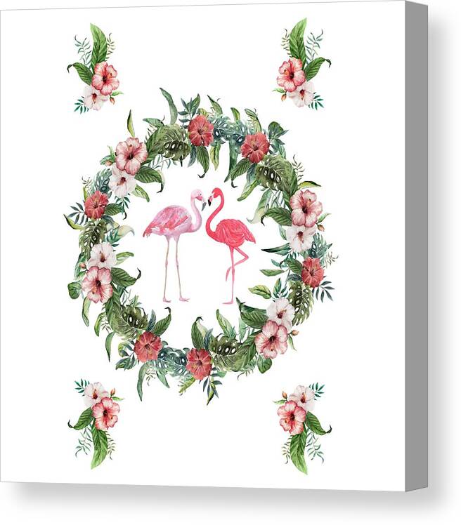 Tropical Flowers Canvas Print featuring the digital art Boho Floral Tropical Wreath Flamingo by Georgeta Blanaru