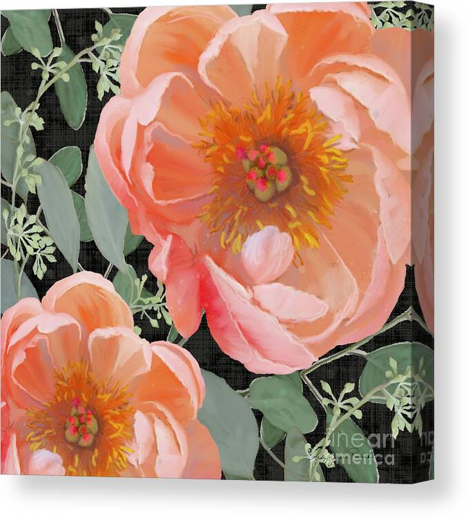 Peach Peony Canvas Print featuring the painting Bold Peony Seeded Eucalyptus leaves by Audrey Jeanne Roberts