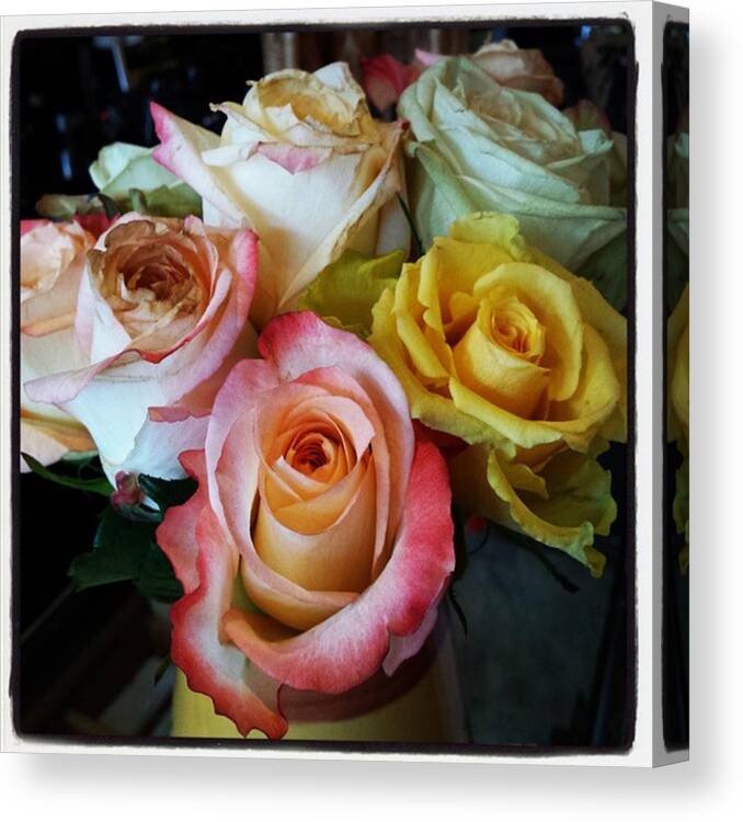 Goodcoffee Canvas Print featuring the photograph Bouquet Of Mature Roses At The Counter by Mr Photojimsf