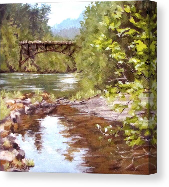 River Canvas Print featuring the painting Bridge View by Karen Ilari