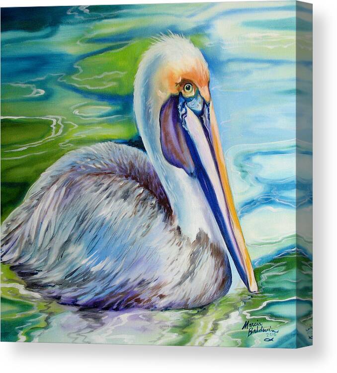 Birds Canvas Print featuring the painting BROWN PELICAN of LOUISIANA by Marcia Baldwin