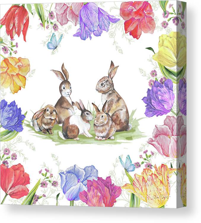 Bunny Canvas Print featuring the painting Bunnies In The Tulips-A by Jean Plout