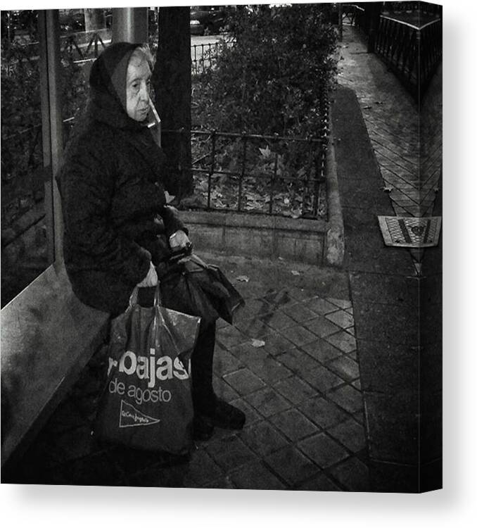 Bw_lover Canvas Print featuring the photograph Bus Stop Lady
#streetphotography by Rafa Rivas