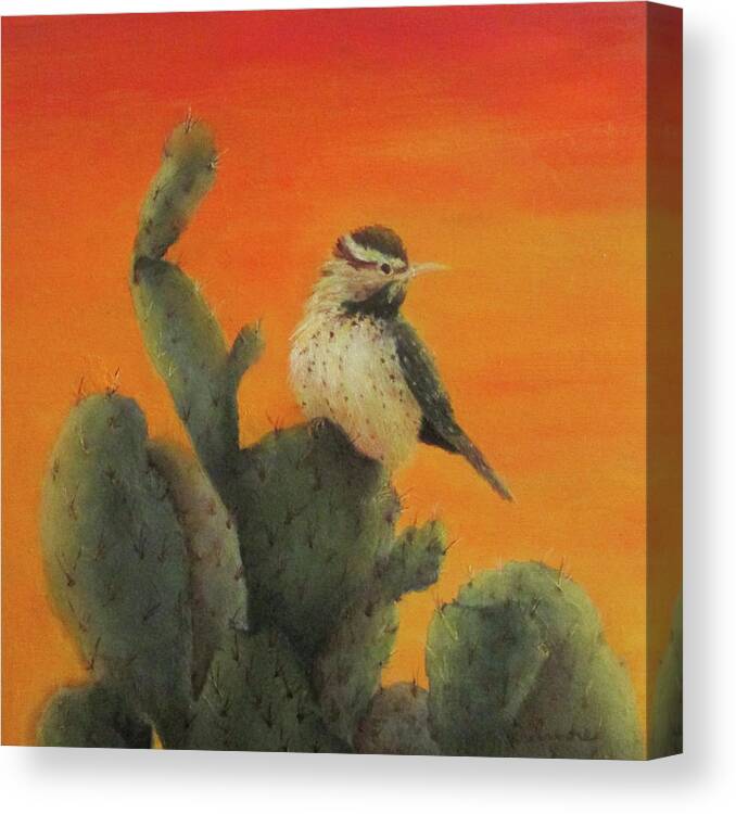 Landscape Canvas Print featuring the painting Cactus Wren by Roseann Gilmore