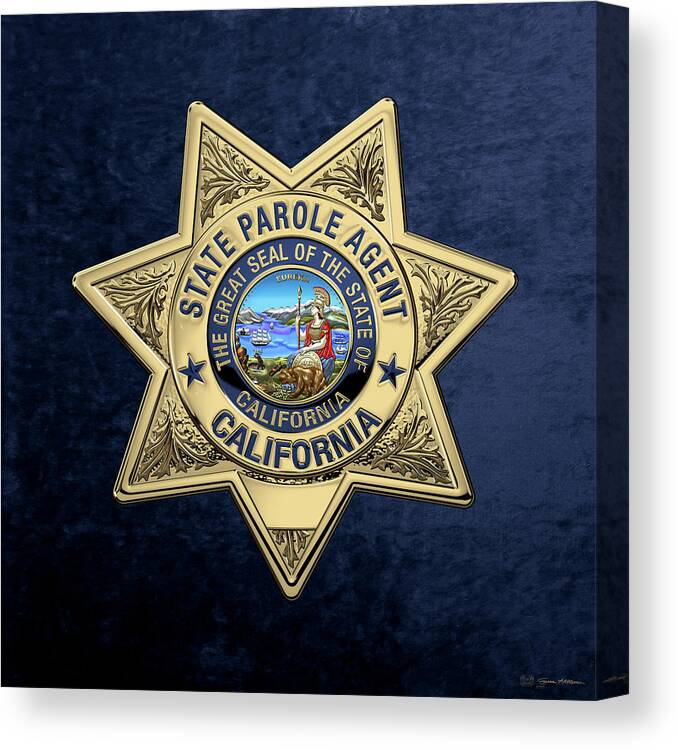 'law Enforcement Insignia & Heraldry' Collection By Serge Averbukh Canvas Print featuring the digital art California State Parole Agent Badge over Blue Velvet by Serge Averbukh