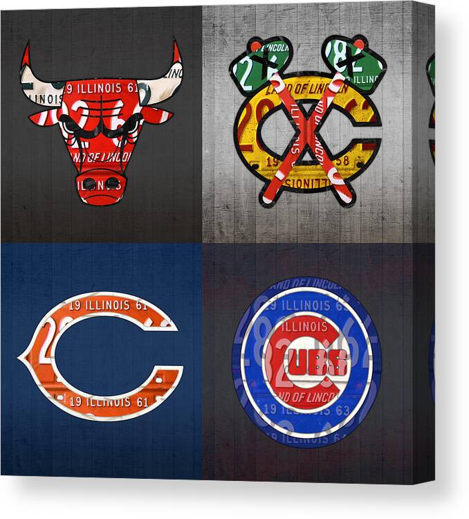 Chicago Canvas Print featuring the mixed media Chicago Sports Fan Recycled Vintage Illinois License Plate Art Bulls Blackhawks Bears and Cubs by Design Turnpike