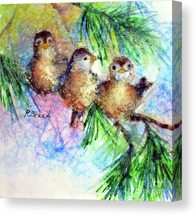 Paintings Canvas Print featuring the painting Chickadee Trio by Kathy Braud