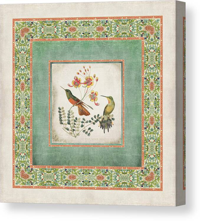 Chinese Ornamental Paper Canvas Print featuring the digital art Chinoiserie Vintage Hummingbirds n Flowers 1 by Audrey Jeanne Roberts