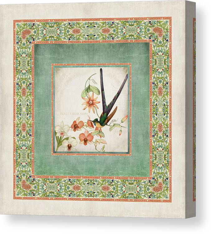 Chinese Ornamental Paper Canvas Print featuring the digital art Chinoiserie Vintage Hummingbirds n Flowers 3 by Audrey Jeanne Roberts