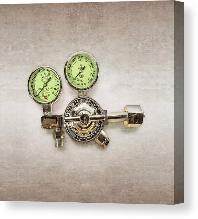 Bottle Canvas Print featuring the photograph Chrome Regulator Gauges by YoPedro