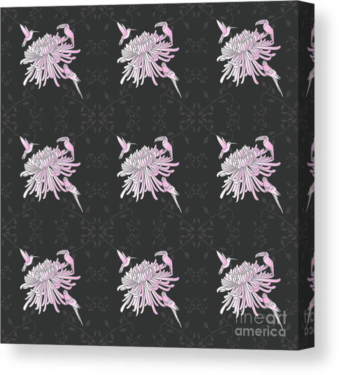 Pink Canvas Print featuring the digital art Chrysanthemum and exotic birds by Claire Huntley