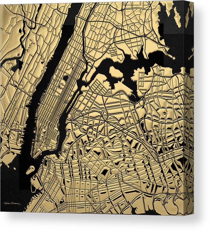 'nyc ' Collection By Serge Averbukh Canvas Print featuring the digital art Cities of Gold - Golden City Map New York on Black by Serge Averbukh