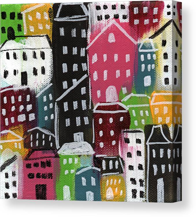 City Canvas Print featuring the painting City Stories- Colorful by Linda Woods