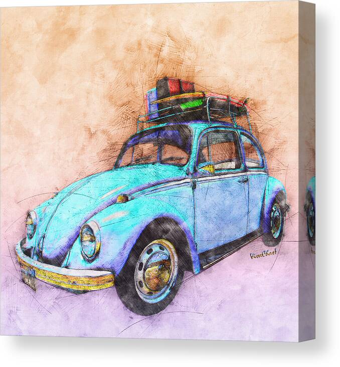 Classic Canvas Print featuring the digital art Classic Road Trip Ride Watercolour Sketch by Chas Sinklier