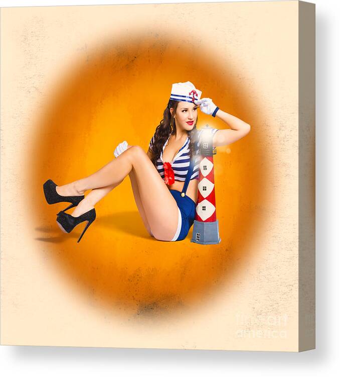 Classic Canvas Print featuring the photograph Classic vintage sailor pin-up on night watch by Jorgo Photography
