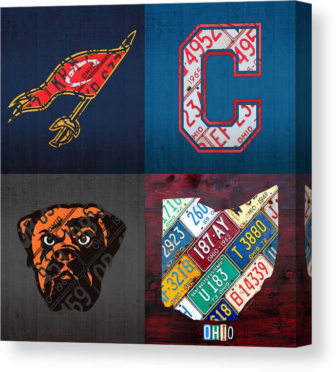 Cleveland Canvas Print featuring the mixed media Cleveland Sports Fan Recycled Vintage Ohio License Plate Art Cavaliers Indians Browns and State Map by Design Turnpike