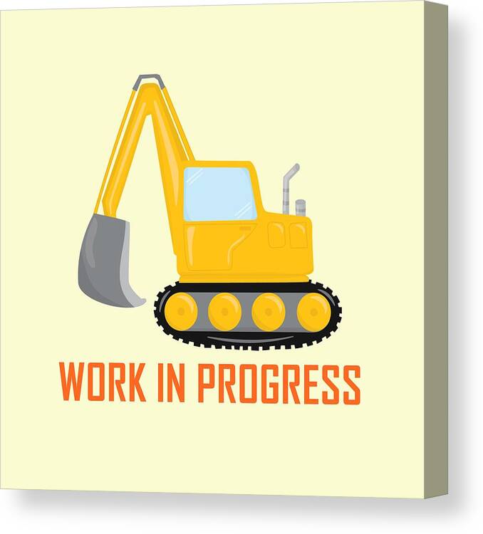 Excavator Canvas Print featuring the digital art Construction Zone - Excavator Work In Progress Gifts - Yellow Background by KayeCee Spain