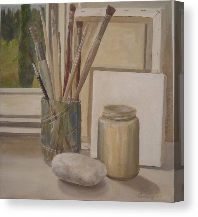 Brushes Canvas Print featuring the painting Corner of the studio. by Caroline Philp
