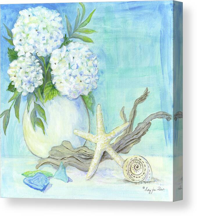 White Hydrangeas Canvas Print featuring the painting Cottage at the Shore 1 White Hydrangea Bouquet w Driftwood Starfish Sea Glass and Seashell by Audrey Jeanne Roberts