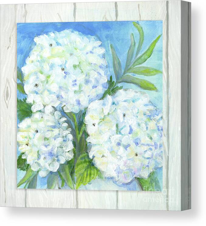 White Hydrangeas Canvas Print featuring the painting Cottage at the Shore 5 White Washed Wood w Hydrangeas and Eucalyptus Leaves by Audrey Jeanne Roberts