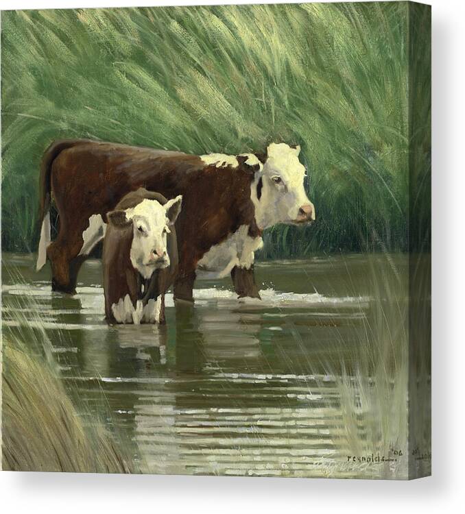 Cows Canvas Print featuring the painting Cows In The Pond by John Reynolds