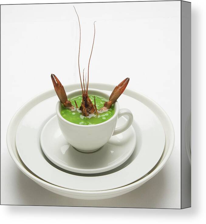 Food Canvas Print featuring the photograph Crayfish with pea soup by Frank Lee