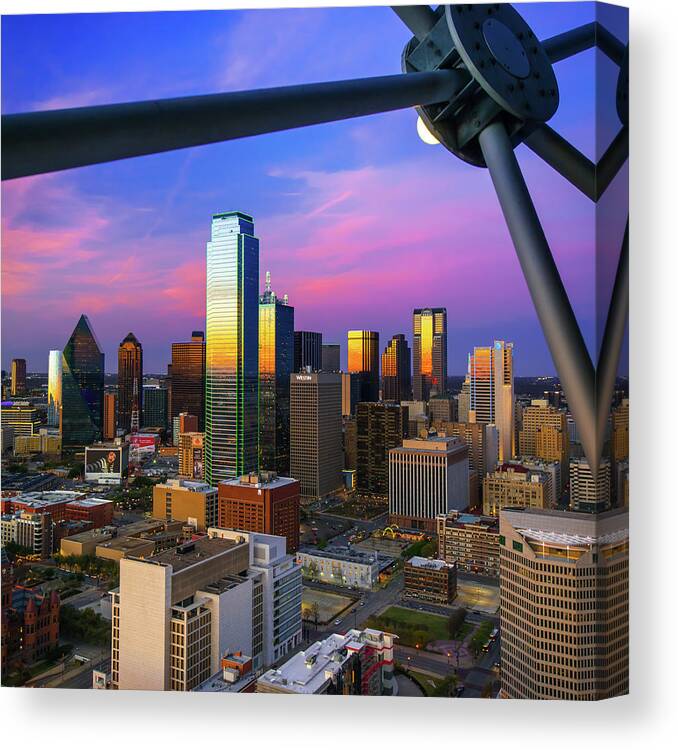 America Canvas Print featuring the photograph Dallas Texas Skyline Architecture at Dusk - 1x1 by Gregory Ballos
