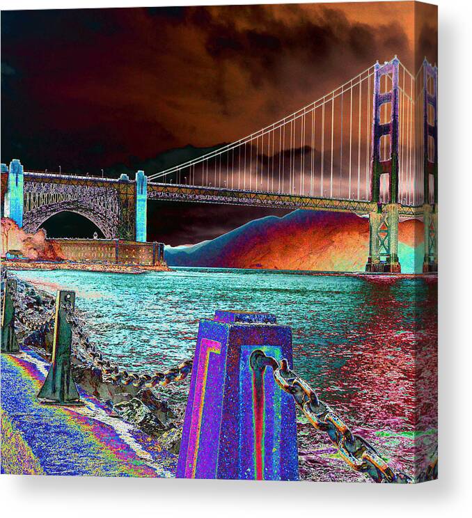 (golden Gate Shoreline)( Golden Gate Bridge) (bay Bridge San Francisco California) Canvas Print featuring the photograph Dark Sky at the Golden gate by Tom Kelly