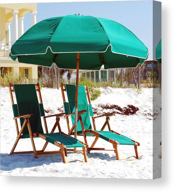 Destin Canvas Print featuring the photograph Destin Florida Empty Beach Chair Pair and Green Umbrella Square Format by Shawn O'Brien