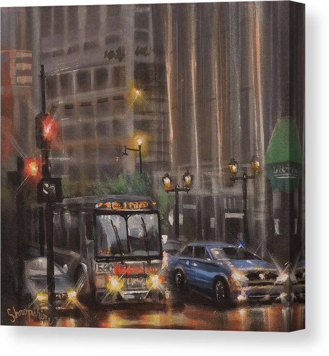 Milwaukee Canvas Print featuring the painting Downtown Bus by Tom Shropshire