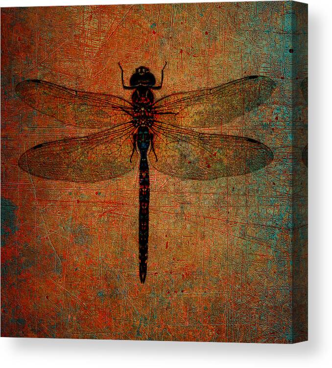 Color Canvas Print featuring the digital art Dragonfly on Distressed Background with a Color Burn Filter by Fred Bertheas