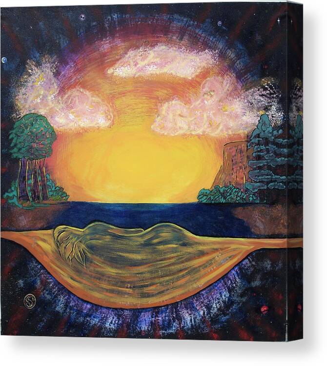 Sunset Golden Goddess Glowing Ocean Horizon Canvas Print featuring the painting Dreaming Goddess by Eric Singleton