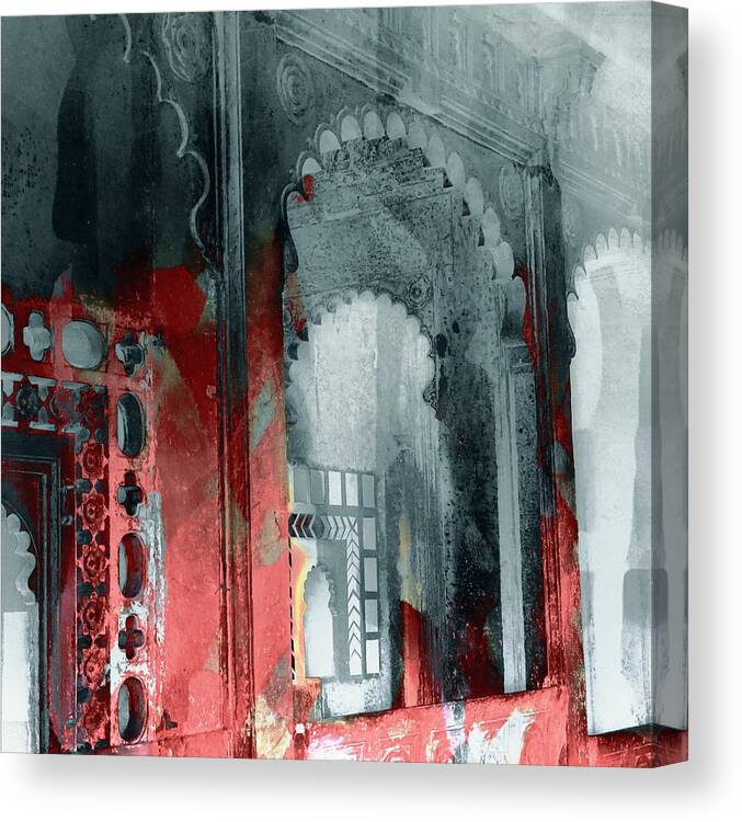 Red Canvas Print featuring the photograph Dreamy Exotic Travel Red Black Abstract Square Arches Rajasthan India 1e by Sue Jacobi